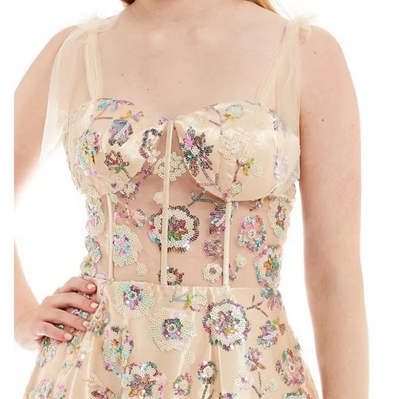 Coya Collection Sequin Floral Corset Bodice Tie Sleeve Fit and Flare Dress - Picture 4 of 15